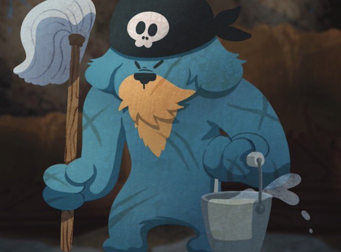 An illustration of a blue, dog-like cartoon character wearing a black bandana with a skull emblem, holding a mop and a bucket, looking grumpy.