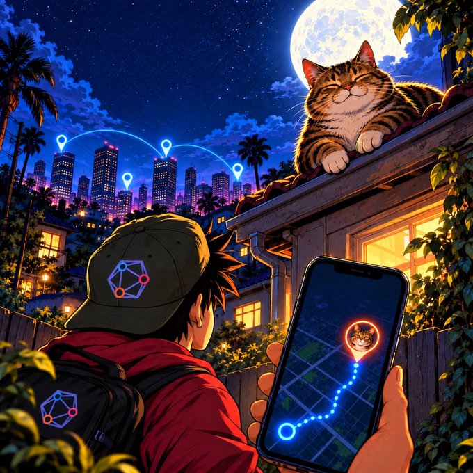 An anime-style illustration of a boy in a red jacket looking at a smartphone map with a glowing path, while a large tabby cat sits on a rooftop overlooking a nighttime city with a full moon.