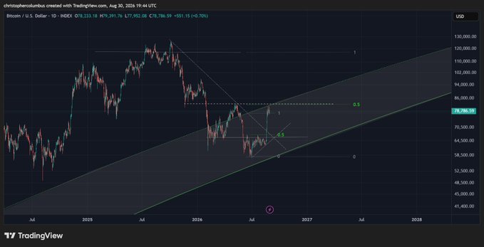 A TradingView chart of Bitcoin (BTC/USD) on INDEX shows a technical pattern with a large rising wedge/channel containing a smaller consolidation, with a key resistance level marked at 78,786.59 and projections pointing toward six-figure prices (over $100,000) by 2028, supporting the post's bullish outlook on BTC.