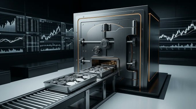A large industrial vault with a conveyor belt carrying trays of coins, set against a dark background displaying stock market charts and graphs.