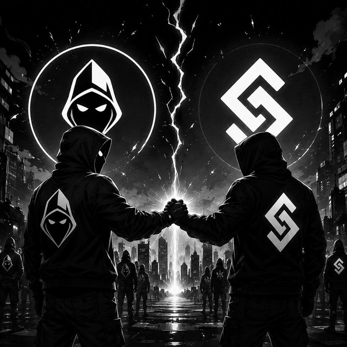 Two hooded figures, one bearing a stylized hooded-face emblem (HOOD) and the other a geometric "S" logo (SILO Protocol), clasp hands beneath a lightning-streaked sky as their respective factions gather on either side of a glowing city street, symbolizing the newly forged partnership between the two crypto communities.