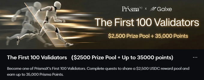 Prisma (x) Galxe campaign banner titled 'The First 100 Validators' offering a $2,500 USDC prize pool plus 35,000 points, featuring running white humanoid figures.