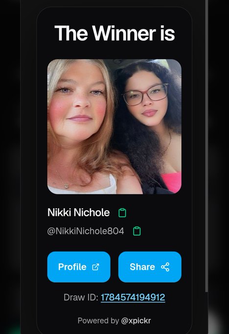 A screenshot from the xpickr app announcing the winner of a giveaway as Nikki Nichole (@NikkiNichole804), featuring her selfie and a draw ID of 1784574194912, aligning with the post congratulating the winner and arranging prize delivery.