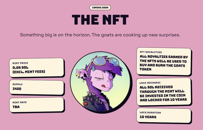 The image features a graphic with an illustration of a character wearing sunglasses, possibly a robot, against a pink background with some white text reading "The NFT". The text also contains information about minting and selling new NFTs for $0.08 each.