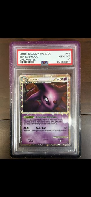 PSA-graded 2010 Pokémon card featuring Espeon Holo (Undaunted, #61, PSA 10, Gem Mint), shown in a protective case.