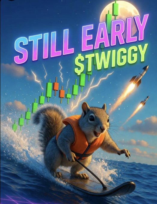 A vibrant digital illustration of a squirrel in an orange life vest surfing on a wave, with rockets, stock candles, and the text 'STILL EARLY $TWIGGY' against a night sky.