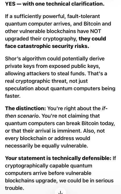 A screenshot of text discussing quantum computing threats to Bitcoin, explaining that if powerful quantum computers arrive before blockchains upgrade cryptography, 'they could face catastrophic security risks' via Shor's algorithm.