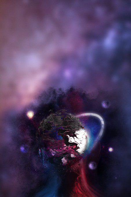 A surreal cosmic portrait emerges from a swirling nebula of purples and pinks, with a figure whose face dissolves into darkness and stars, crowned by a glowing ring of light. The dreamlike, otherworldly aesthetic perfectly reflects the artist's transition into 3D digital art and surreal, otherworldly themes central to their sold-out collection.