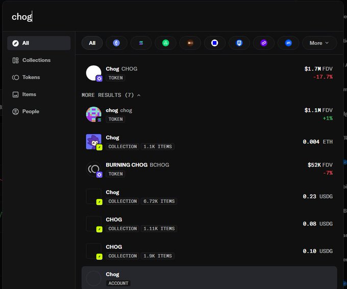 A search results page on a crypto/NFT platform (likely OpenSea) showing search results for 'chog,' featuring tokens CHOG ($1.7M FDV), chog ($1.1M FDV), and BURNING CHOG ($52K FDV), along with various collections.