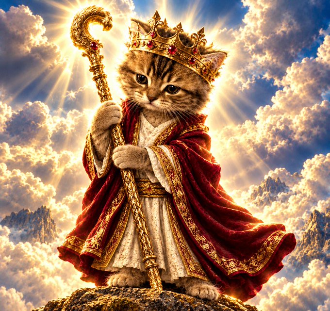 A digital artwork of a kitten dressed as royalty, wearing a golden crown and red robes with gold trim, holding a golden staff against a dramatic heavenly sky with clouds and sun rays.