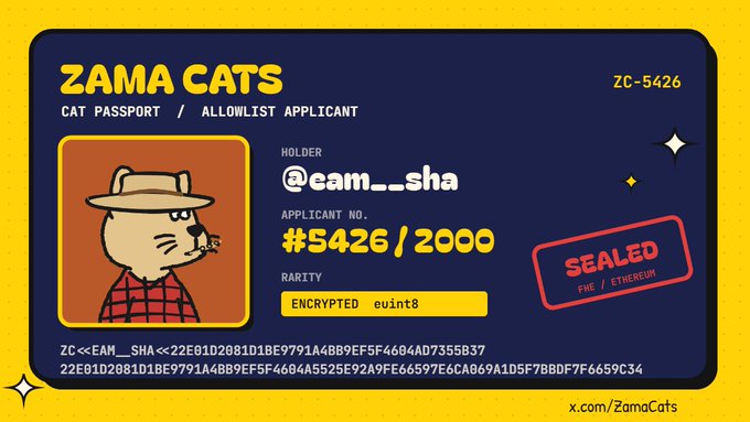 A digital "ZAMA CATS" passport card featuring a cartoon cat in a hat, holder "@eam_._sha", Applicant No. #5426 / 2000, marked "SEALED FHE / ETHEREUM".