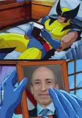 Wolverine, the yellow-and-blue costumed X-Men superhero, lies shirtless on a bed, holding a framed photograph of an older man wearing a suit and tie.