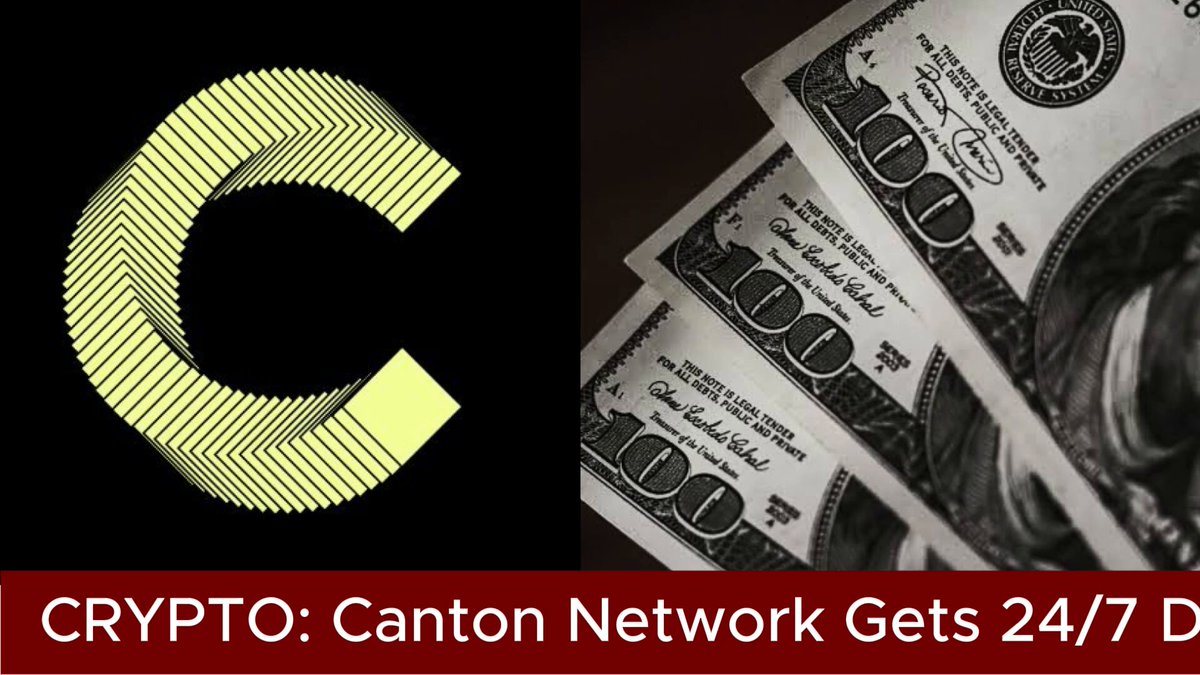 The image is a black and white photo of several $100 bills stacked vertically, with text that says "Canton Network Gets 24/7 Dollar Settlement As Temple Teams Up With HIFI Temple Digital Group" displayed at the bottom. The main focus of the photo is an unusually large, yellow letter C.