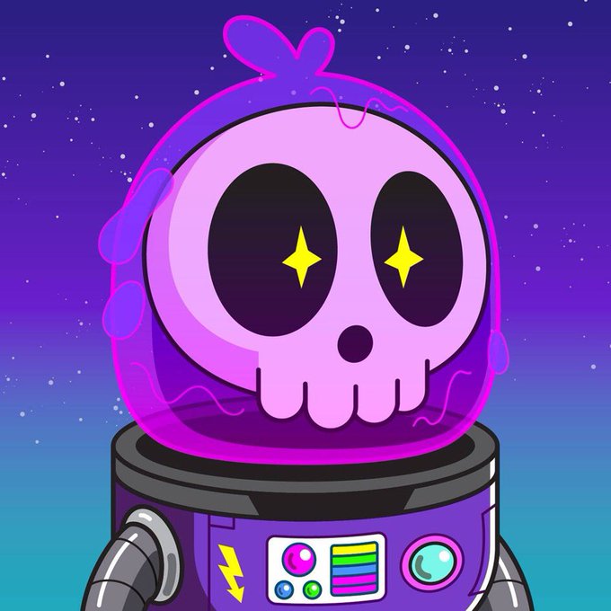 A cartoon illustration depicts a purple skull-headed robot character with glowing star-shaped eyes, surrounded by a pink aura, set against a purple cosmic background.