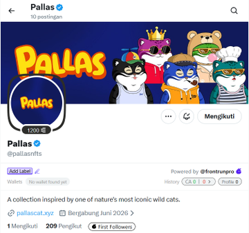 A Pallas NFT profile page showing '10 postlings', featuring cartoon animal characters (fox, dog, etc.) with the Pallas logo and a market cap of '1200 Ξ'.