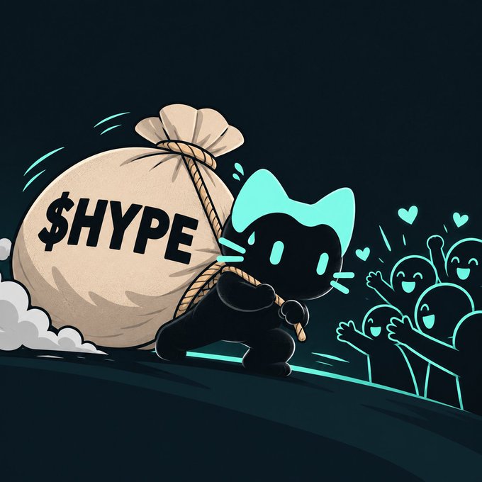 A cartoon illustration of a small black and teal cat character carrying a large sack labeled '$HYPE' while being cheered on by silhouetted fans with hearts.
