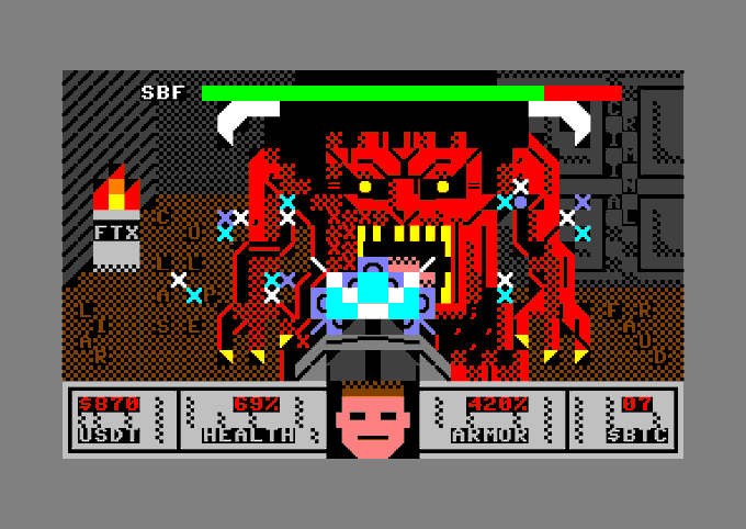 A retro pixel-art Doom screenshot shows a player facing a large red demon boss with an "SBF" health bar, "FTX" health icon, and status panels displaying "BUY HEALTH," "BUY ARMOR," "BUY SBTC," and "SELL USDT," parodying Sam Bankman-Fried's FTX exchange by mashing crypto trading options with the classic game's ammo and health pickups.