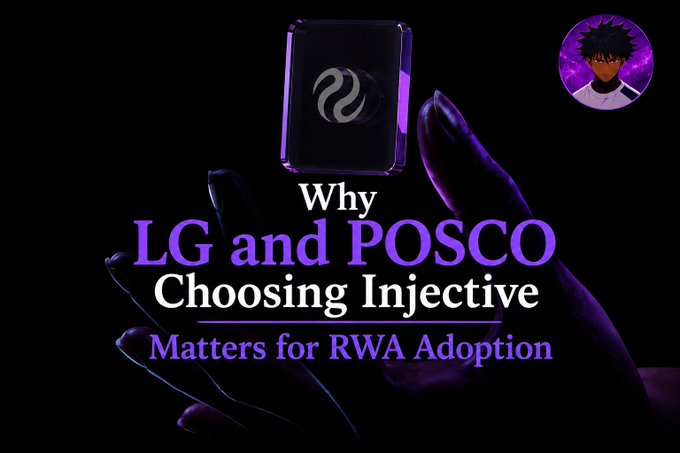 A purple-themed graphic reading 'Why LG and POSCO Choosing Injective Matters for RWA Adoption' with an Injective logo and an anime-style avatar in the corner.