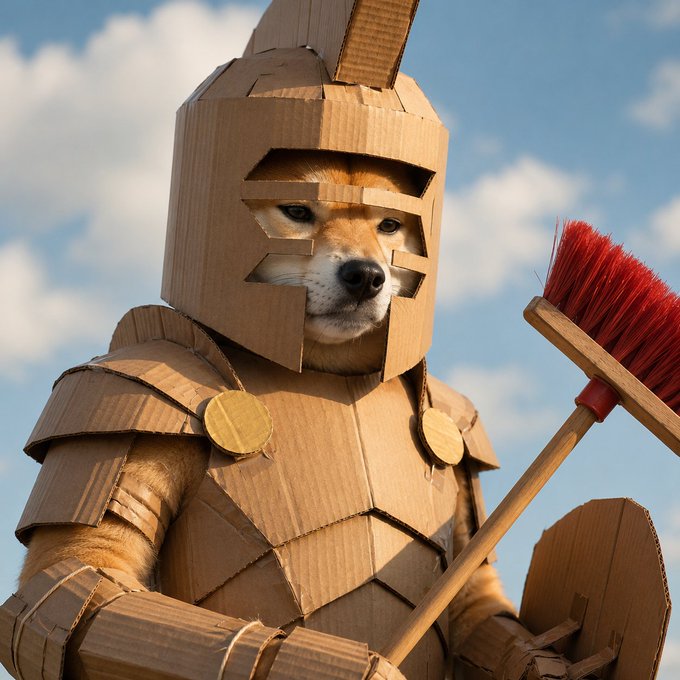 A humorous photo of a Shiba Inu dog dressed in cardboard knight armor holding a brush as a weapon against a cloudy sky.