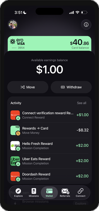 Mobile app screenshot showing a digital wallet with an Aero Visa card balance of $40.86, an available earnings balance of $1.00, and activity log including rewards from Connect, Hello Fresh, Uber Eats, and Doordash.
