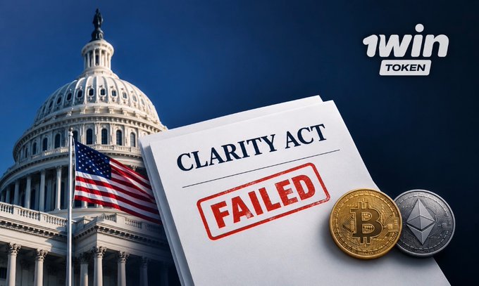 The image shows a document labeled "CLARITY ACT" stamped with a red "FAILED" mark, set against the U.S. Capitol building with an American flag, alongside Bitcoin and Ethereum coins, with a "1WIN TOKEN" logo—visually reinforcing the post's message that stalled crypto legislation leaves the industry in uncertainty, while 1Win Token positions itself as already moving forward.