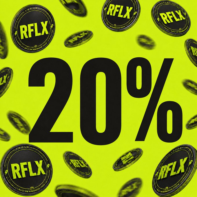 A promotional graphic with black RFLX tokens floating against a bright yellow-green background, with a large bold '20%' displayed in the center.