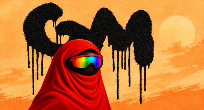 A stylized graphic of a figure wearing a red hood and rainbow-reflective ski goggles, standing before black spray-painted graffiti reading 'SAM' dripping down an orange wall with a sun in the background.