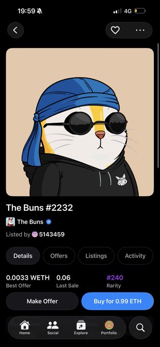 A mobile app screenshot showing an NFT of a cat wearing a blue bandana and black sunglasses, listed as 'The Buns #2232' by 'The Buns', with a 'Buy for 0.99 ETH' button and the time 19:59 displayed at the top.
