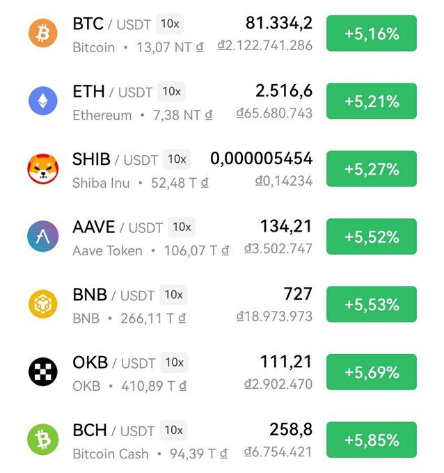 A cryptocurrency trading app screen showing positive gains: BTC/USDT +5.16%, ETH/USDT +5.21%, SHIB/USDT +5.27%, AAVE/USDT +5.52%, BNB/USDT +5.53%, OKB/USDT +5.69%, and BCH/USDT +5.85%.