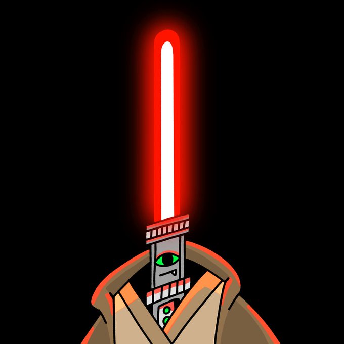 A stylized cartoon illustration features a Jedi-like cat with green eyes emerging from a tan robe, wielding an ignited red lightsaber against a black background, fitting the "Cats and friends" collection theme.