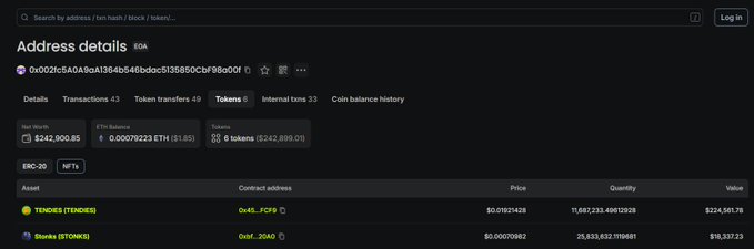 A blockchain address details page on Etherscan showing the address '0x0021c5ADa9a13b4664ebdc5135850cbf98a00f' with a net worth of $242,900.85, holding 53 tokens and 69 token transfers, including TENDER (TENDIES) and STONKS.