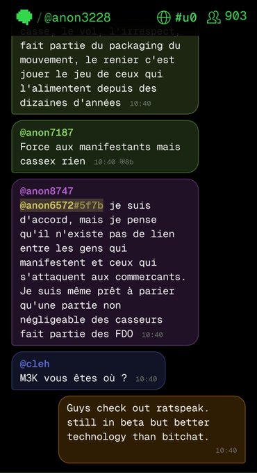 A dark-mode chat screenshot with French messages about the Gilets Jaunes movement, packaging, casseurs, and a Ratspkek tech chat promoting “better technology than bitchat.”