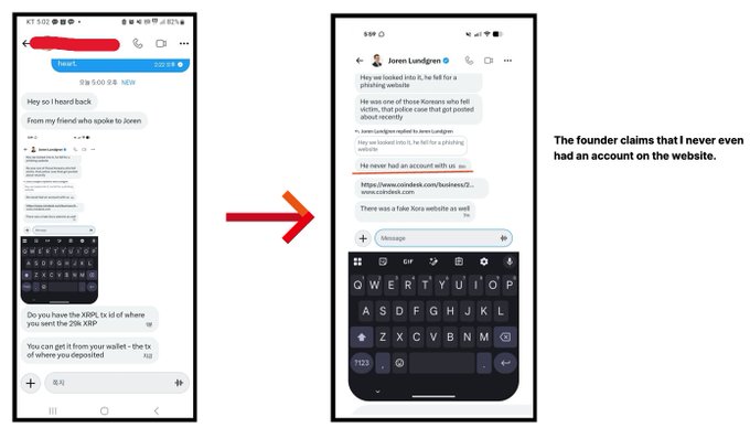 Screenshots of text message conversations with someone named 'Joren Lundgren' about a phishing website called 'CoinDesk', with text noting 'The founder claims that I never even had an account on the website.'