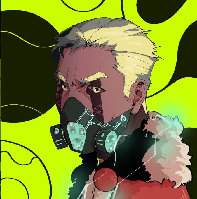 An anime-style digital illustration shows a character with half-blonde hair wearing a futuristic black mask with cyan glowing accents against a vibrant green and black background.