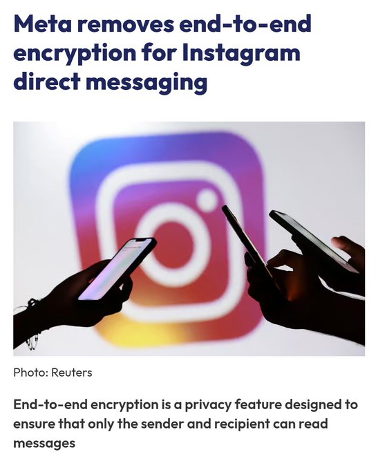 A news article headline reading 'Meta removes end-to-end encryption for Instagram direct messaging,' with a stock photo of silhouetted hands holding smartphones in front of the Instagram logo, and a caption explaining that end-to-end encryption ensures only sender and recipient can read messages.