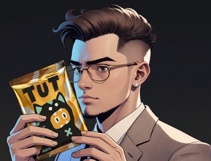 A digital illustration of a man with styled brown hair and glasses holding a yellow snack bag labeled 'TUT' featuring a cartoon black cat character.
