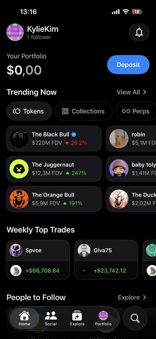 A screenshot of the OpenSea mobile app interface showing a portfolio worth $0.00 for user "KylieKim" (1 follower), featuring trending tokens like "The Black Bull" and "The Juggernaut" along with top weekly trades. The image showcases the app's beta dashboard as referenced in the post, highlighting its Home, Social, Explore, and Portfolio navigation tabs.