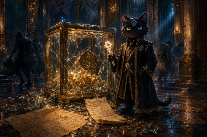 A dark, robed cat figure with a glowing forehead symbol stands beside a shattered glass vault spilling gold onto the floor, while hooded thieves flee with bags in the background and a weathered deed or document lies in the foreground. The image illustrates the post's warning about flashy displays of wealth attracting theft, paralleling Fluton IO's approach of proving reserves without exposing them to risk.