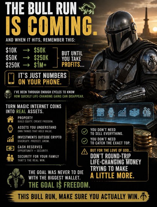 Crypto motivational poster titled 'THE BULL RUN IS COMING' featuring a Mandalorian-like figure with a coffee mug, listing investment principles like property, assets, and cash reserves.