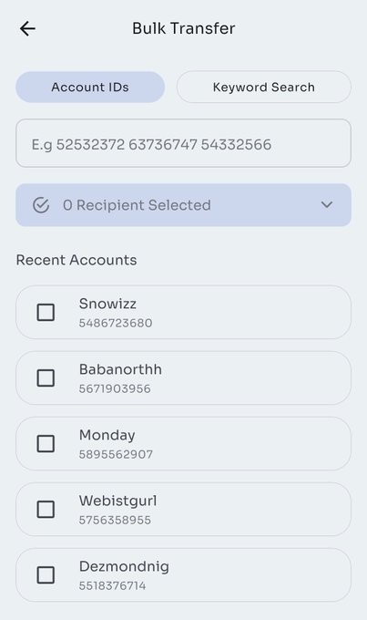 A mobile app interface titled "Bulk Transfer" with options to add recipients via "Account IDs" or "Keyword Search," featuring a list of recent accounts (Snowizz, Babanorth, Monday, Webistgurl, Dezmonddig) with checkboxes for selection. The image illustrates the first step of a bulk payment process, where users input recipient Paystrater IDs to send payments to multiple people at once.