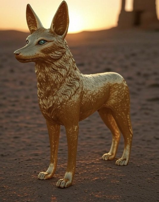 A golden metallic statue of a fox-like creature with large pointed ears and blue eyes stands on sandy ground, backlit by a warm sunset.