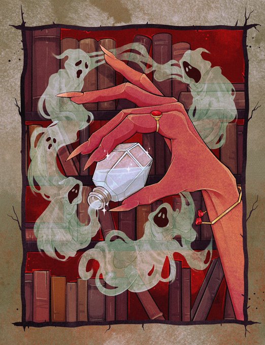 A digital illustration of a red hand with long nails and a ring holding a salt shaker, releasing smoke that forms small ghostly figures in front of a bookshelf.