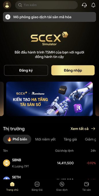 Screenshot of a Vietnamese crypto trading app interface featuring the 'SCEX Simulator' with a banner for 'KIẾN TẠO HẠ TẦNG TÀI SẢN SỐ' (Building Digital Asset Infrastructure), and market listings showing SBNB at 14,411,500 (-0.92%).