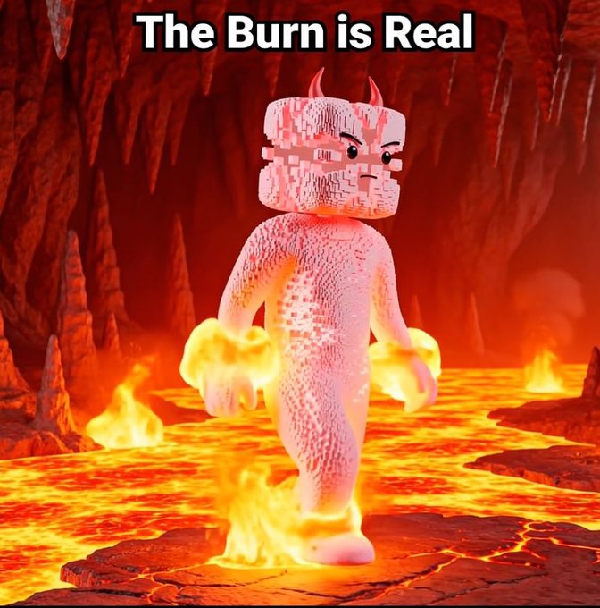 A meme-style image showing a pink, blocky character with horns standing in a fiery cave with lava, captioned 'The Burn is Real.'