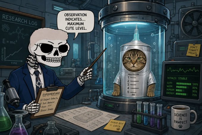 An illustrated scene depicts a skeleton scientist in sunglasses conducting an experiment labeled 'SJ Subject: Shiba Inu' on a cat enclosed in a glass cylinder, with monitors showing 'VITALS: STABLE' and 'CUTE LEVEL' at 100%.