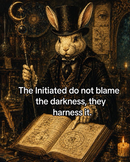 An ornate illustration of an anthropomorphic rabbit wearing a top hat and dark robes, holding a staff and pointing at a magical tome, with the text 'The Initiated do not blame the darkness, they harness it.'