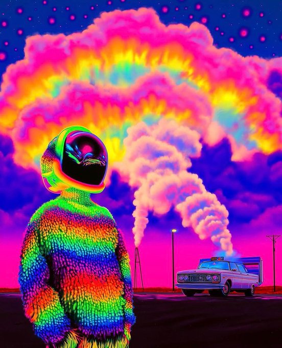 A vibrant, psychedelic digital artwork featuring a figure in a multicolored knitted astronaut suit and helmet, set against a neon pink and blue sky with a large colorful cloud plume and a classic car in the background.
