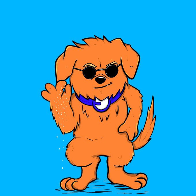 A cartoon illustration of an orange dog wearing sunglasses and a blue collar, waving with one paw against a bright blue background.