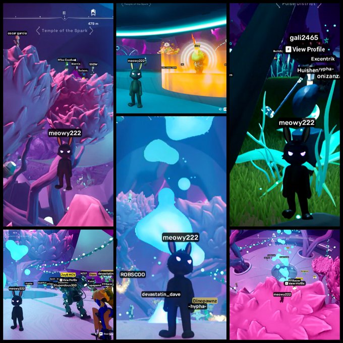 A collage of in-game screenshots from a virtual world featuring a black cat avatar named "meowy222" exploring various colorful environments including the "Temple of the Spark" and "Fungus District."