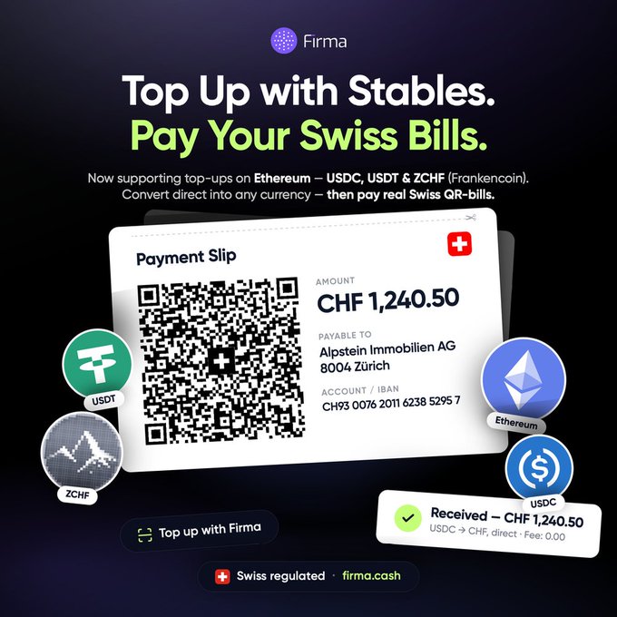 A financial advertisement for 'Firma' promoting crypto top-ups with stablecoins, showing a QR payment slip for CHF 1,240.50 payable to Alpstein Immobilien AG, with icons for USDT, ZCHF, Ethereum, and USDC, and branding 'firma.cash'.